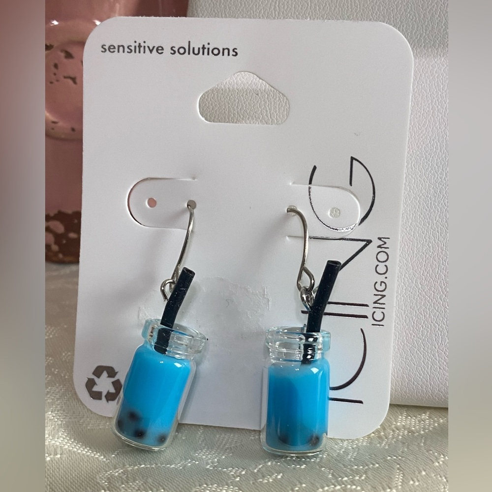 Icing Blue Bubble Tea Wire Earrings - Fun for your ears!
